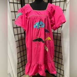Santé Pink umbrella embroidered cotton vintage patio dress with Gold Accent.